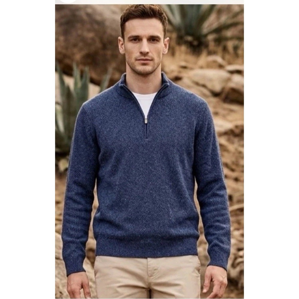 Vineyard Vines Sz M Blue Cashmere Sweater 1/4 Zip Mock Neck Luxury